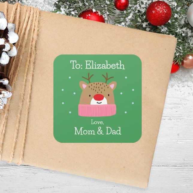 Girls Cute Cartoon Custom Festive Reindeer Holiday Square Sticker (Creator Uploaded)