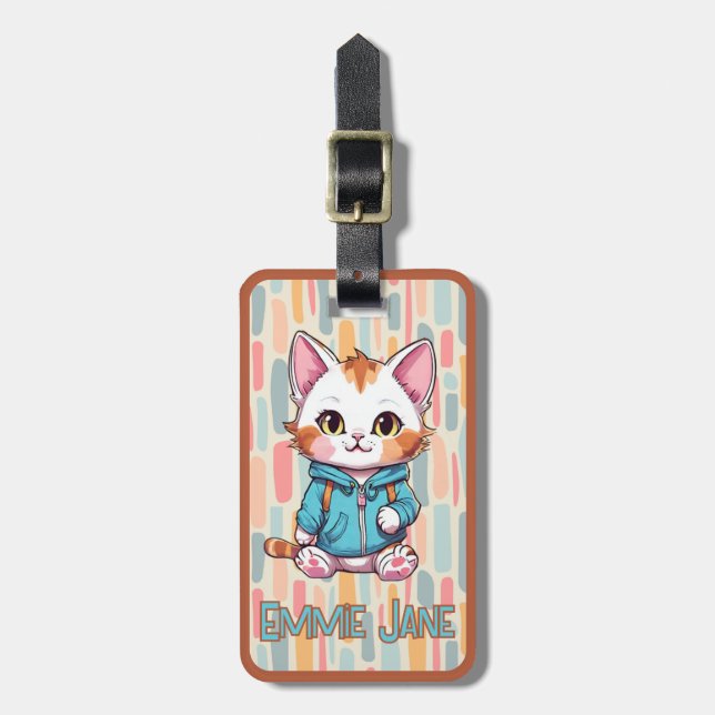 Girl's Cute Cartoon Kitty Cat Name Luggage Tag (Front Vertical)