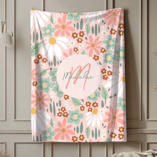 Girls Cute Chic Pink Daisy Wildflower Fleece Blanket (Creator Uploaded)