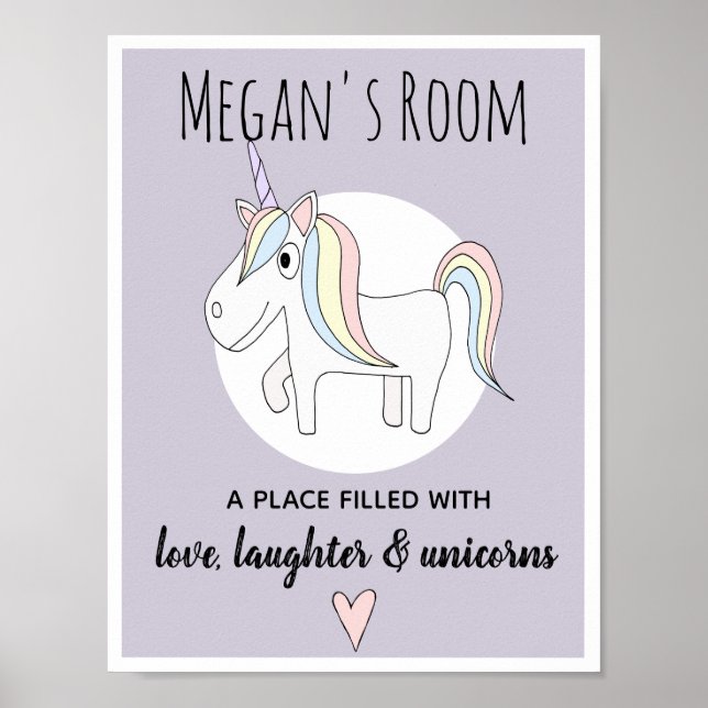 Girl's Cute Doodle Unicorn Name Nursery Children's Poster (Front)