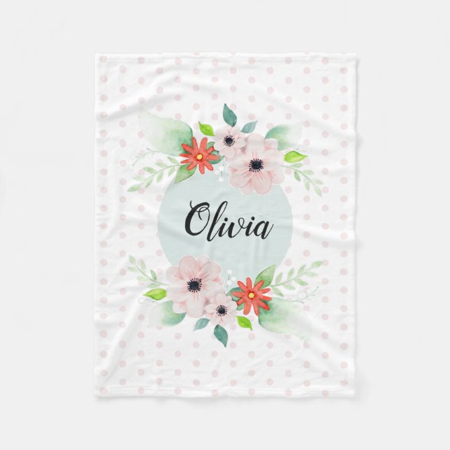 Girls Cute Elegant Watercolor Flowers & Name Kids Fleece Blanket (Front)
