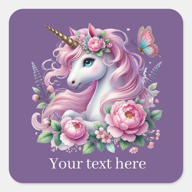 Girls cute fantasy unicorn add text  square sticker (Front)