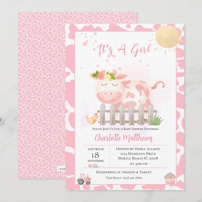 Girls Cute Farm Pink Cow Baby Shower Invitation (Front/Back)