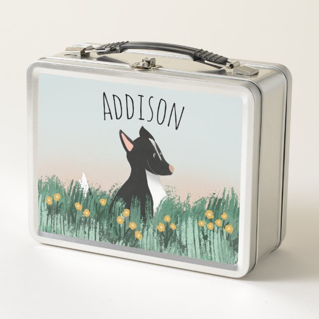 Girls Cute Farm Sheep Dog & Flowers Kids School Metal Lunch Box (Front)
