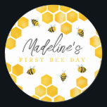 Girls Cute First Bee Day Kids 1st Birthday Favour Classic Round Sticker<br><div class="desc">This cute and modern girls 1st birthday ‘first bee day’ favour sticker features a honey bee design,  with honeycomb,  and can be personalised with your girls name in an elegant typography. The perfect design for your little one's summer birthday party.</div>