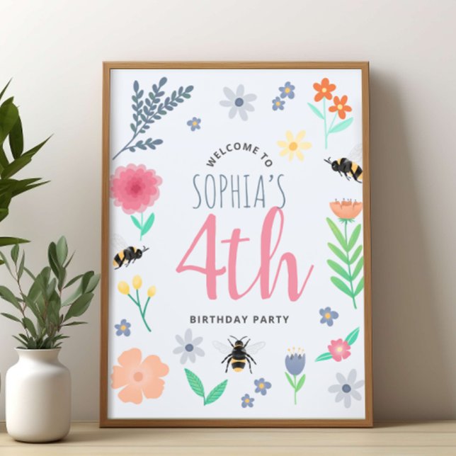 Girls Cute Floral Bee Birthday Welcome Sign (Creator Uploaded)