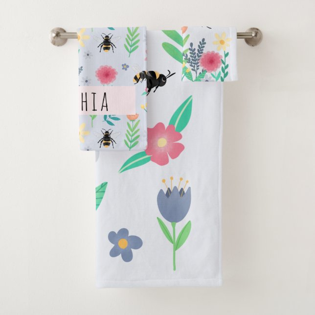 Girls Cute Floral Botanical Bee & Flowers Kids Bath Towel Set (Insitu)