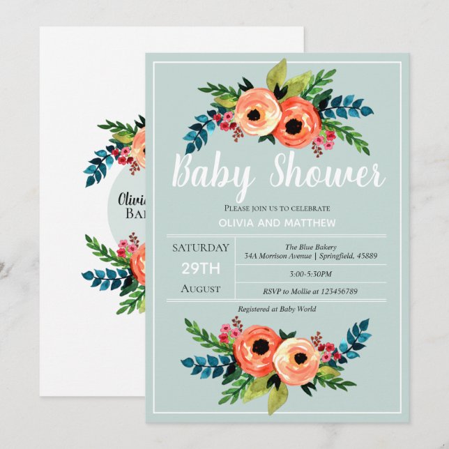Girls Cute Floral Botanical Flowers Baby Shower Invitation (Front/Back)