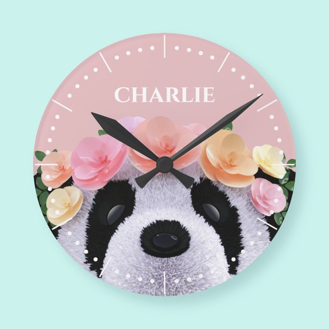 Girls Cute Floral Panda Bear Personalised Clock (A cute panda bear clock with space for your name)