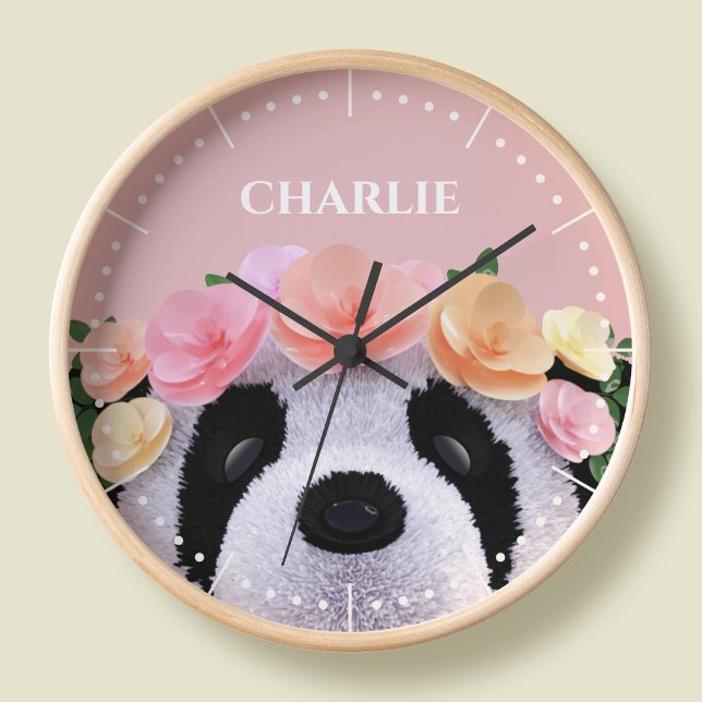 Girls Cute Floral Panda Bear Personalised Clock (Creator Uploaded)