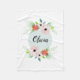Girls Cute Floral Watercolor Flowers and Name Kids Fleece Blanket