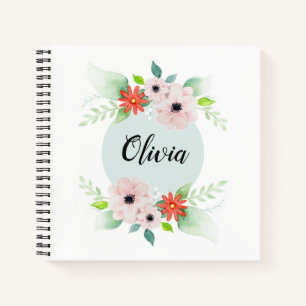 Girls Cute Floral Watercolor Flowers and Name Notebook