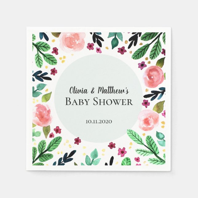 Girls Cute Floral Watercolor Flowers Baby Shower Napkin (Front)