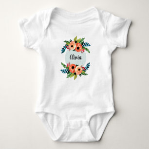 Girls Cute Floral Watercolor Flowers & Name Baby Bodysuit