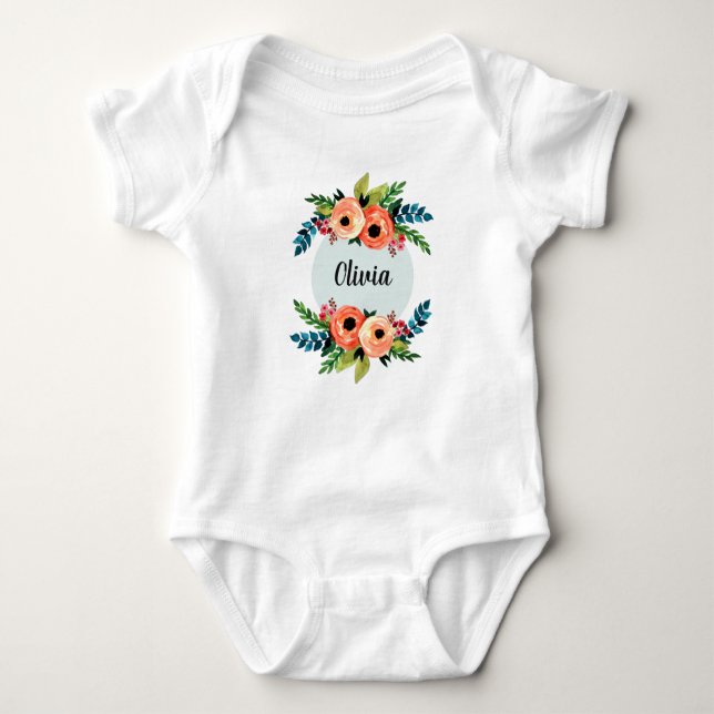 Girls Cute Floral Watercolor Flowers & Name Baby Bodysuit (Front)