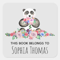 Girls Cute Floral Watercolor Panda Name Bookplate