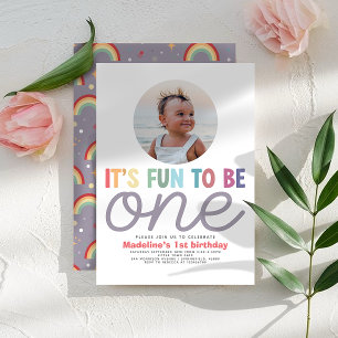 Girls Cute Fun Rainbow Photo 1st Birthday Invitation