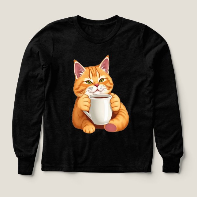 Girls Cute Ginger Cat Coffee Graphic Long Sleeve (Design Front)