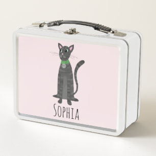 Girls Cute Grey Tabby Kitty Cat Cartoon Kids Metal Lunch Box