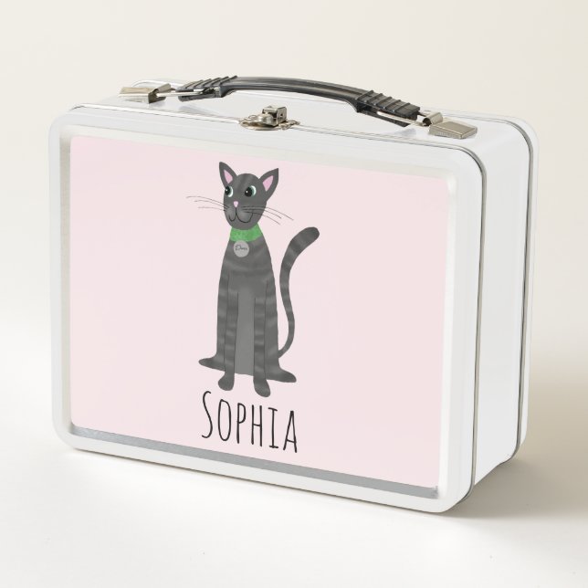 Girls Cute Grey Tabby Kitty Cat Cartoon Kids Metal Lunch Box (Front)
