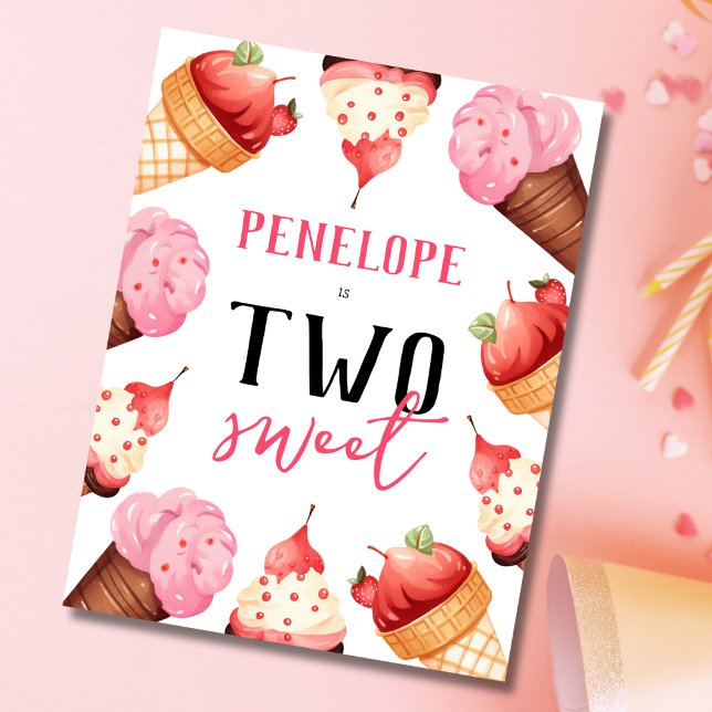 Girls Cute Ice Cream 2nd Birthday Party Invitation Postcard (Creator Uploaded)