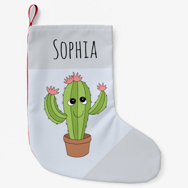 Girls Cute Kawaii Cactus Cartoon and Name Kids Small Christmas Stocking (Front)