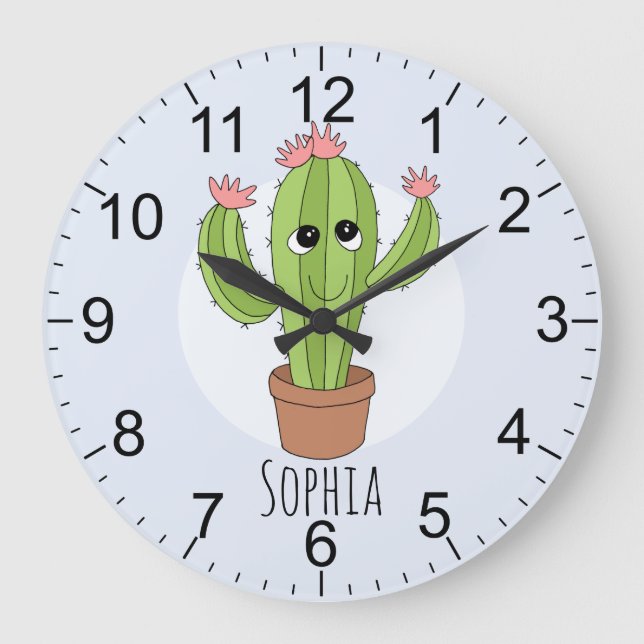 Girls Cute Kawaii Cactus Plant and Name Kids Large Clock (Front)