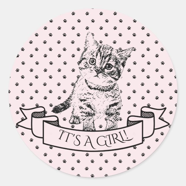 Girls Cute Kitten Cat Baby Shower Classic Round Sticker (Front)