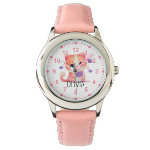 Girls Cute Kitty Kitten Cat Pink Custom Name Watch