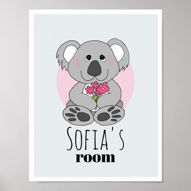 Girls Cute Koala Bear Cartoon & Name Kids Room Poster (Front)