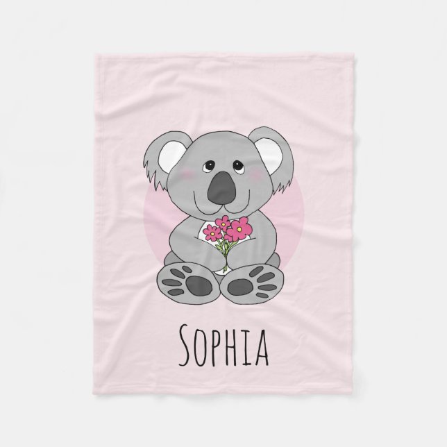 Girls Cute Koala Bear Flowers and Name Kids Fleece Blanket (Front)