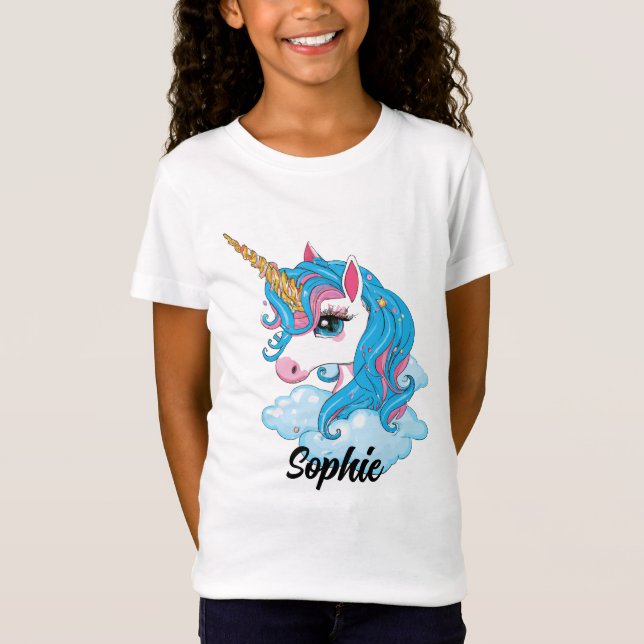 Girls Cute Magical Blue Unicorn & Name T-Shirt (Front)