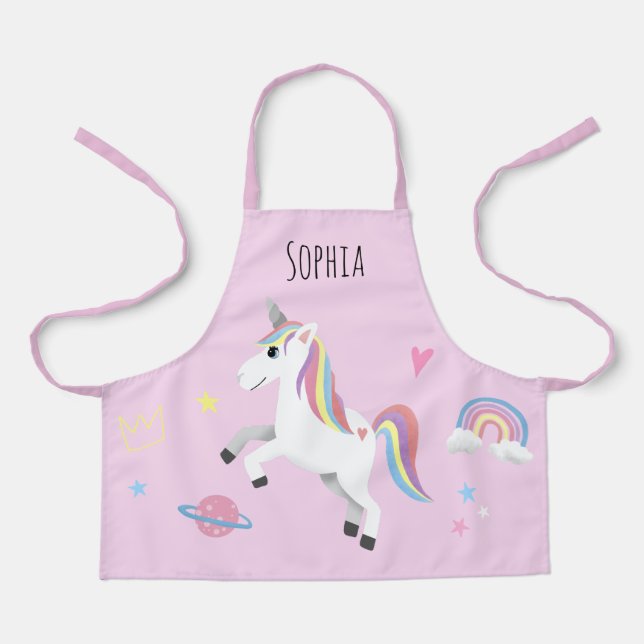 Girls Cute Magical Pink Unicorn & Name Kids Apron (Front)
