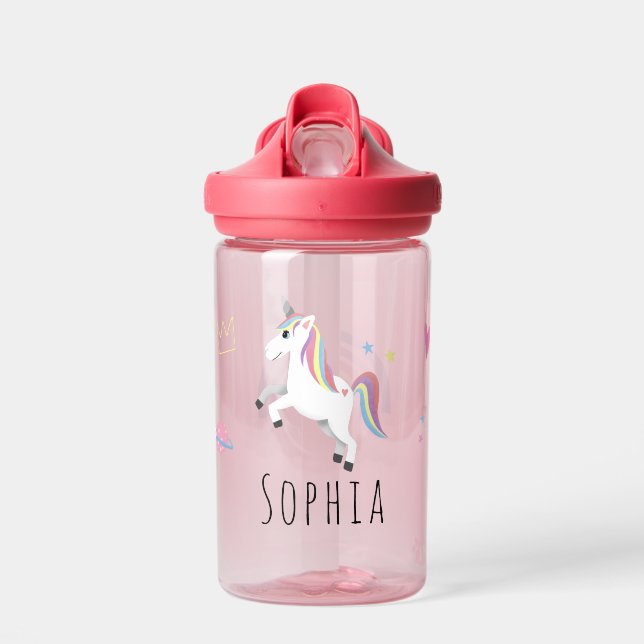 Girls Cute Magical Purple Unicorn and Rainbow Water Bottle (Front)