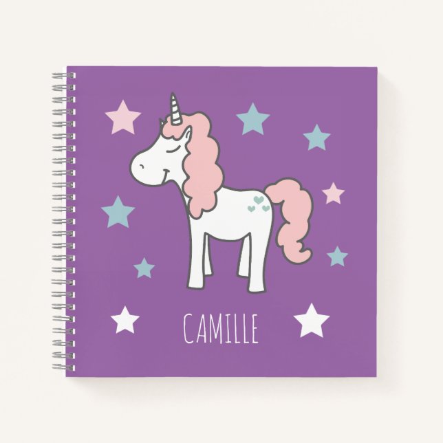 Girls Cute Magical Purple Unicorn Kids School Notebook (Front)