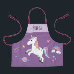 Girls Cute Magical Purple Unicorn & Name Kids Apron<br><div class="desc">This cute and whimsical purple kids apron design features a unicorn cartoon,  planet,  stars,  a crown,  a rainbow and heart,  and can be personalised with your girls name. The perfect magical gift for your little chef or gardener!</div>