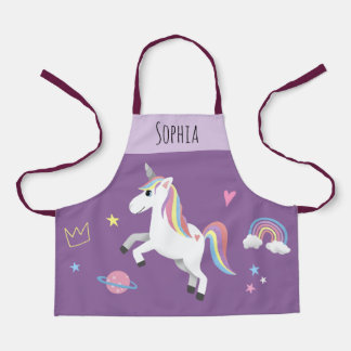 Girls Cute Magical Purple Unicorn & Name Kids Apron