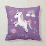 Girls Cute Magical Purple Unicorn & Name Kids Cushion<br><div class="desc">This cute purple kids throw pillow features a unicorn,  planet,  stars,  a crown,  a rainbow and heart,  with a unicorn pattern on the reverse,  and can be personalised with your girls name. The perfect magical addition to your kids room or baby nursery.</div>