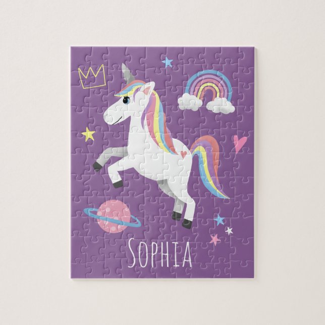 Girls Cute Magical Purple Unicorn & Name Kids Jigsaw Puzzle (Vertical)