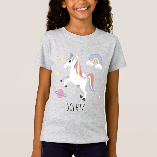 Girls Cute Magical Purple Unicorn & Name T-Shirt (Front)