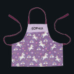 Girls Cute Magical Purple Unicorn Pattern Kids Apron<br><div class="desc">This cute and whimsical purple kids apron design features a unicorn cartoon,  planet,  stars,  a crown,  a rainbow and heart pattern,  and can be personalised with your girls name. The perfect magical gift for your little chef or gardener!</div>