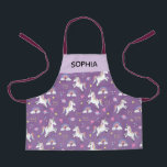 Girls Cute Magical Purple Unicorn Pattern Kids Apron<br><div class="desc">This cute and whimsical purple kids apron design features a unicorn cartoon,  planet,  stars,  a crown,  a rainbow and heart pattern,  and can be personalised with your girls name. The perfect magical gift for your little chef or gardener!</div>