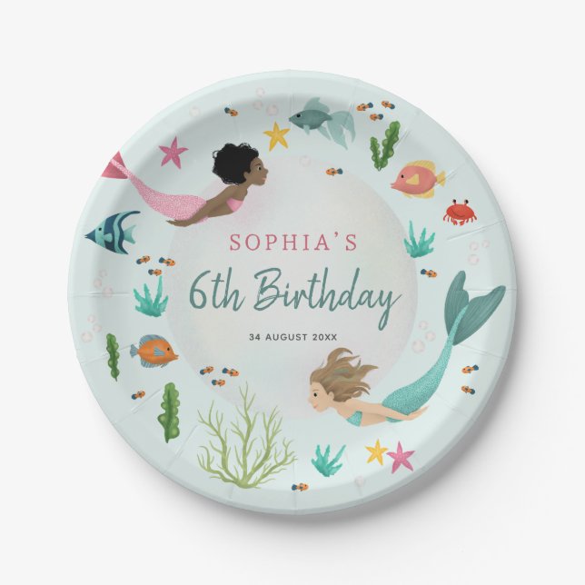Girls Cute Magical Under the Sea Birthday Paper Plate (Front)