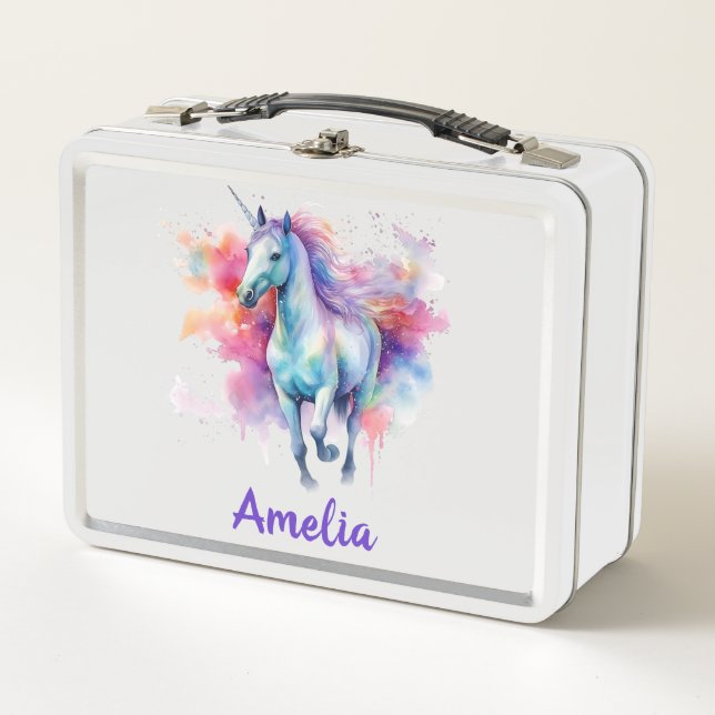 Girls Cute Magical Unicorn Personalised School Metal Lunch Box (Front)