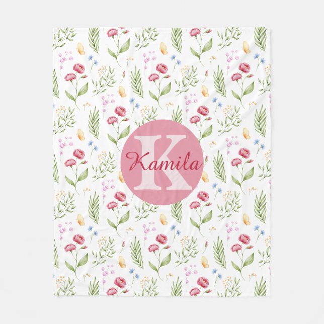 Girls Cute Monogram Name Floral Fleece Blanket (Front)