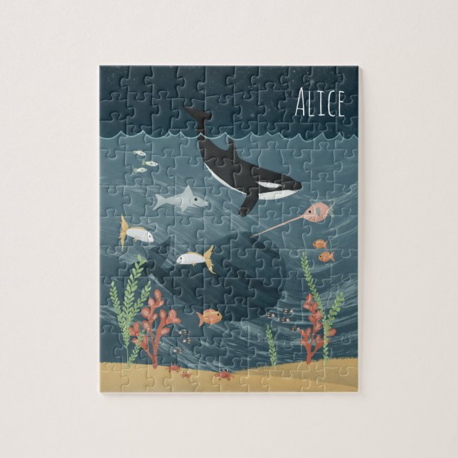 Girls Cute Night Ocean & Whimsical Orca Kids Jigsaw Puzzle (Vertical)