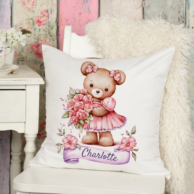 Girls Cute Nursery Throw Pillow With A Teddy Bear (Creator Uploaded)