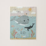 Girls Cute Ocean Orca and Whale Kids Jigsaw Puzzle<br><div class="desc">This cute and whimsical kids puzzle design features a sea creature cartoon,  with a swordfish,  crab,  killer whale (orca),  fish and seaweed,  and has space for you to add your girls name in a hand-written font. The perfect ocean themed gift for any ocean lover.</div>