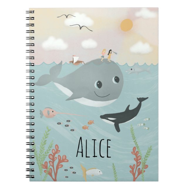 Girls Cute Ocean Orca and Whale Kids School Notebook (Front)