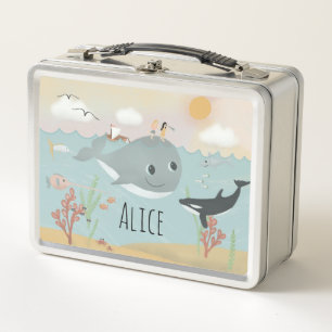 Girls Cute Ocean Sea Whale Kids School Metal Lunch Box